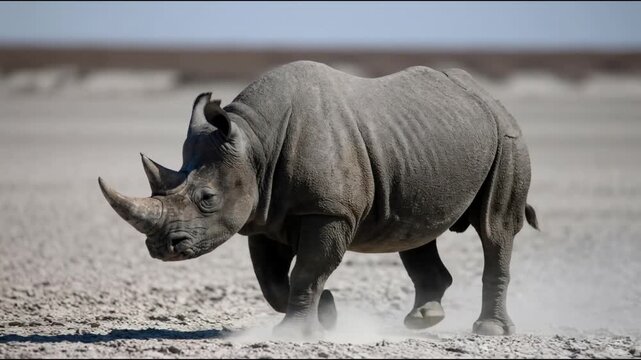 A powerful black rhinoceros strides across a vast arid salt pan with its heavy hide rippling as it moves through the dusty and barren landscape under a bright clear sky in the wild.