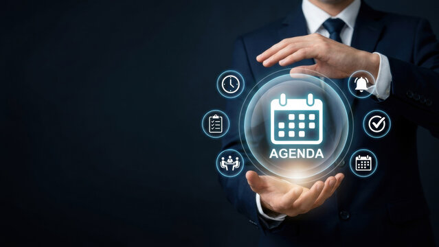 Agenda business meeting business person holding agenda hologram virtual screen calendar meeting icons business schedule planning appointment management task reminder conference agenda  concept