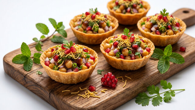 Crispy basket chaat appetizers with pomegranate seeds and mint indian food street food party food
