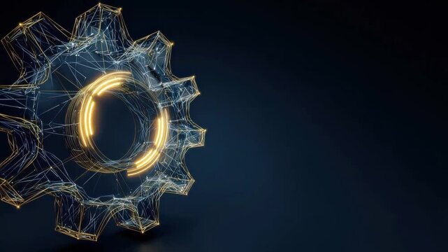A futuristic digital gear network with glowing circuitry symbolizes innovation and technological advancement, set against a dark. ..Created with Generative AI, not depicting real subjects.