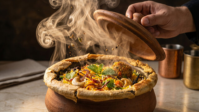 Steaming pot of indian biryani being opened with rice dish indian cuisine food photography