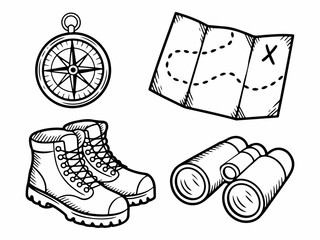 Set of hand-drawn adventure icons including compass map hiking boots and binoculars perfect for travel and exploration themes isolated on white © Saqib1022
