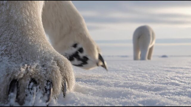 A massive polar bear paw rests firmly in the pristine arctic snow as a second bear walks across the frozen horizon. This stunning wildlife footage captures the power of the arctic predator.
