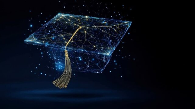 A digital graduation cap, constructed from glowing network lines and adorned with a tassel, floats against a dark, starry background. ..Created with Generative AI, not depicting real subjects.
