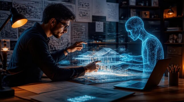 A professional architect collaborating with a digital holographic artificial intelligence entity to design a modern residential house in a dark office, showcasing futuristic building innovation.