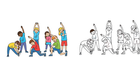 Fototapeta premium Diverse Group of Children Doing Stretching Exercises and Warm-up Routine, Set of Color and Line Art Vector Illustrations for Coloring Book and Physical Education