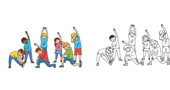 Diverse Group of Children Doing Stretching Exercises and Warm-up Routine, Set of Color and Line Art Vector Illustrations for Coloring Book and Physical Education