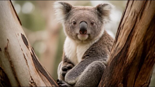 Adorable koala sits comfortably nestled in the fork of a eucalyptus tree while its fluffy ears twitch, showcasing iconic Australian wildlife in its natural forest habitat during daytime.