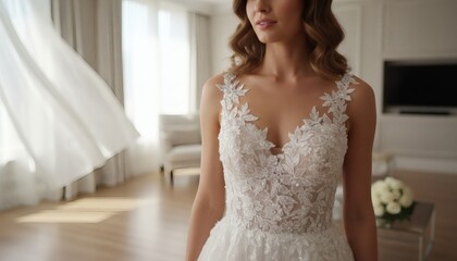 Naklejka premium Elegant bride in a gown with a lace bodice standing in a bright room, symbolizing bridal elegance and marriage preparation for a luxury wedding concept