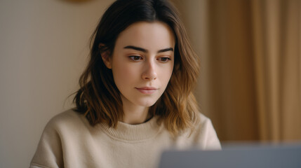 Naklejka premium Young woman using laptop in soft indoor light with calm focused expression