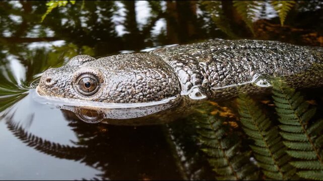 A textured reptilian creature with striking amber eyes glides silently through dark still water, surrounded by lush green ferns in a mysterious and primeval swamp environment.
