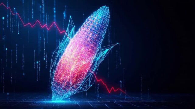 A glowing, futuristic 3D render of a corn cob, represented by a digital mesh, sits amidst falling binary code and a downward trending graph. ..Created with Generative AI, not depicting real subjects.