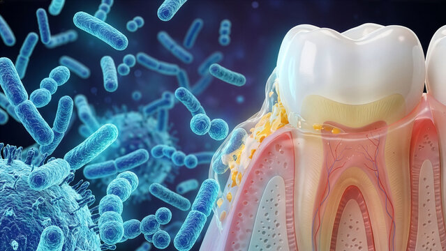 3D Medical Illustration of Tooth Cross-Section with Plaque and Oral Bacteria on Dark Blue Background &mdash; Dental Health Concept