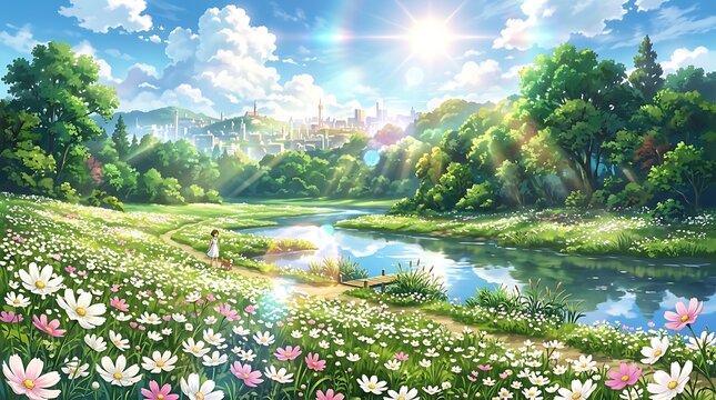 Beautiful green meadow landscape digital art