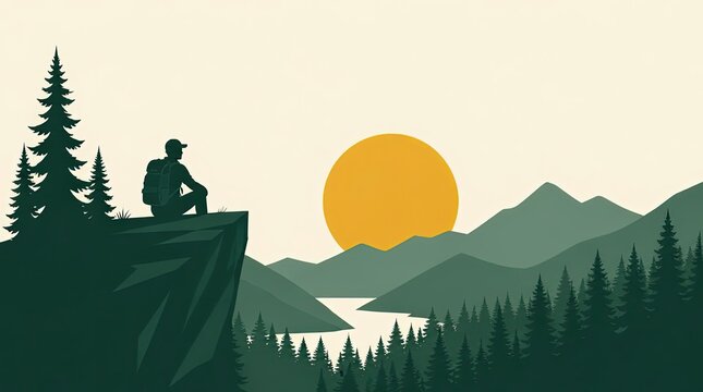 Wide angle flat graphic of a hiker sitting on a cliff edge overlooking a vast mountain landscape at sunset, 20260515 gigapixel cgi style art design for travel and adventure concepts background.