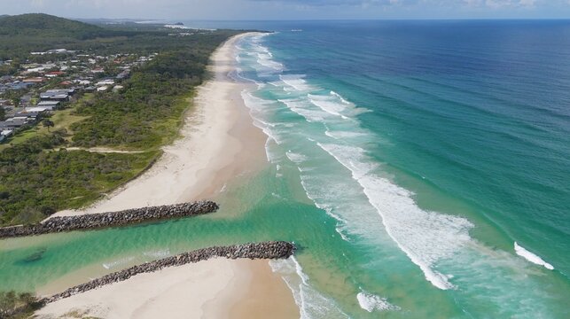 Aerial View of Byron Bay Coastline with Sandy Beach and Breakwater