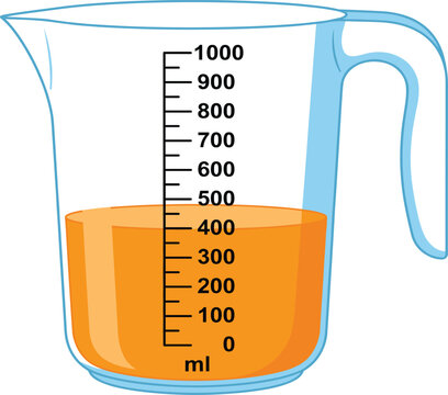 Plastic measuring cup filled with orange liquid up to four hundred milliliters isolated on a white background