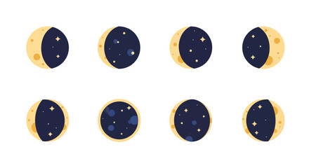 Moon Phases Set: Crescent, Half, Gibbous, Full Moon Cycle Illustration © graphic
