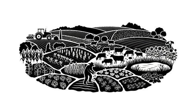 Farm Landscape with Farmer, Tractor, Livestock and Crops in Black and White Woodcut Style