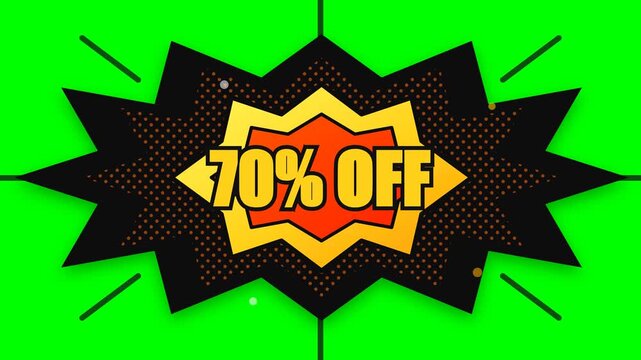 70 Percent Off Discount Badge Green Screen Overlay Animation for Retail Sale Promos and E-commerce Marketing Videos.
