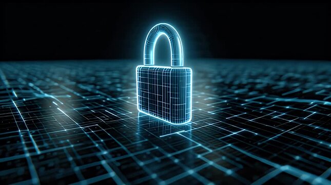 Digital security padlock glowing on a virtual circuit grid in a cinematic steady cam panning shot for cyber security marketing