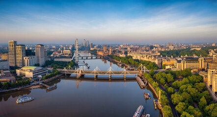 Panoramic aerial view of the skyline of London, England, with Southbank and Embankment, Westminster...