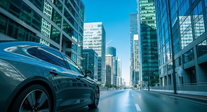 Sleek sedan car driving on urban street surrounded by modern skyscrapers and glass buildings, showcasing vibrant city life. Sedan car on city street emphasizes urban mobility in contemporary settings.