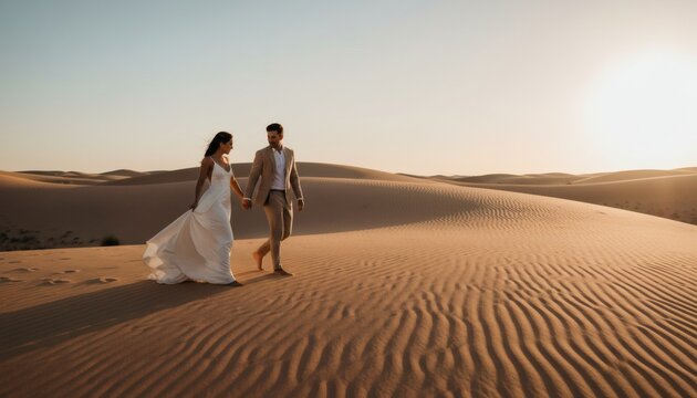 Bride and groom walking in the desert dunes hand in hand during golden hour sunset, representing a modern romantic destination wedding adventure and elopement concept