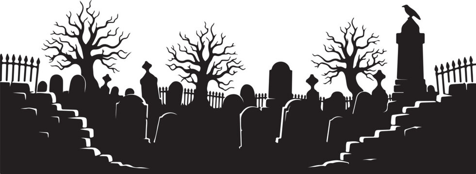 Halloween cemetery, spooky graveyard, black silhouette, vector illustration, haunted landscape
