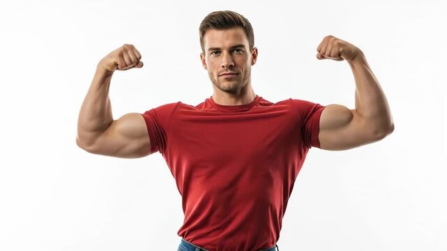Confident man flexing his muscular arms in red t-shirt