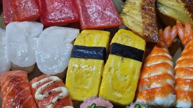 Different Types of Sushi on Display in Japanese Restaurant, Close Up