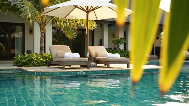 Relaxing poolside scene with lounge chairs and tropical plants in bright outdoor setting