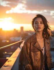 Obraz premium Young woman standing on rooftop during sunset.