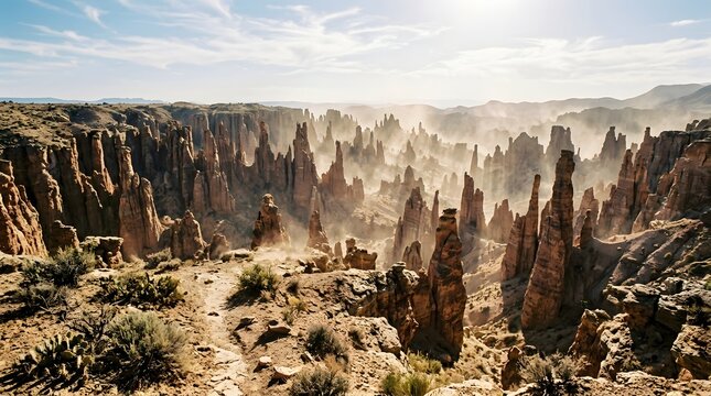 A vast desert landscape featuring hoodoos and rock formations under a sunny blue sky with wispy.