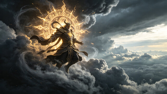Epic deity descending amid storm clouds, magnificent fantasy scene