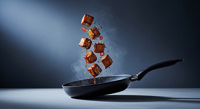 Levitating stir-fried tofu cubes with chili and scallions over a frying pan with steam on a dark background