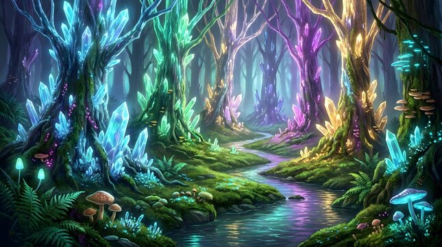 A serene and vibrant crystal forest with a winding stream and colorful mushrooms on a misty night.