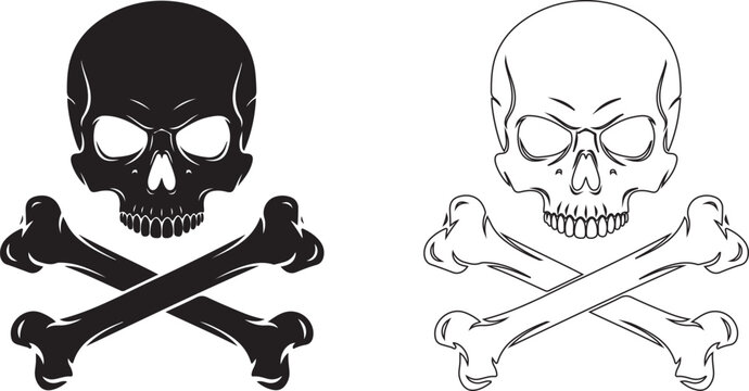 Jolly Roger skulls, skull and crossbones, black and white vector icons, pirate symbols