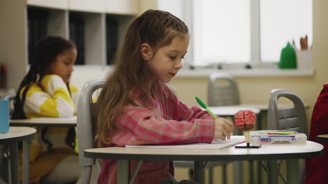 Smart schoolgirl writing in notebook during lesson, primary education