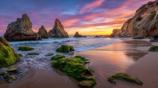 A breathtaking sunset view over the rocky coastline. Vibrant colors dance across the sky. Waves gently lap at the shore. A perfect destination for nature lovers. AI