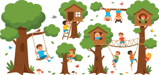 Kids treehouse adventure vector elements set with children playing climbing and swinging outdoors