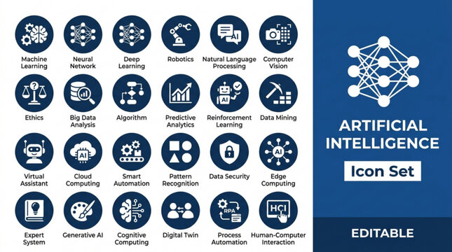 Artificial intelligence icon set for business and technology concepts, editable graphics.