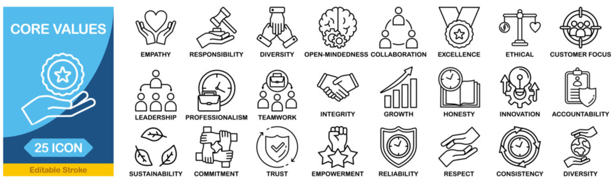 Core values icon set. Editable line icons. Vector illustration.