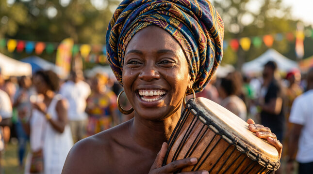 Smiling woman in vibrant headwrap holding a drum at an African American cultural celebration, with colorful flags and tents in the sunny background