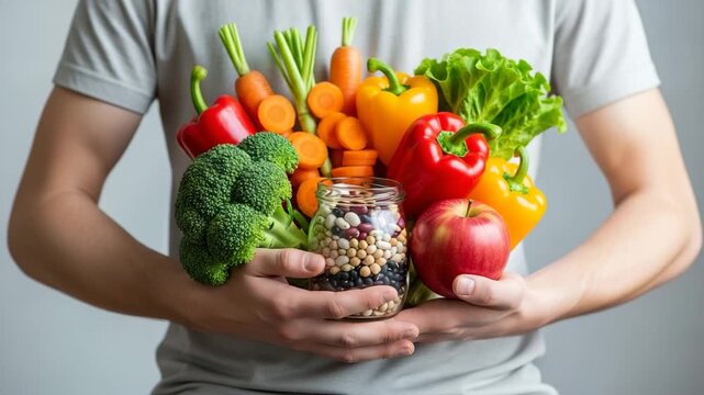 Healthy Harvest: A person holds a vibrant assortment of fresh produce and grains, symbolizing a commitment to wholesome nutrition and a balanced diet.