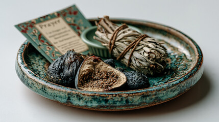 Naklejka premium Single handcrafted ceramic bowl sits on sterile white background holding dried figs, a folded prayer card, and a small bundle of sage, representing the quiet spiritual preparation before a religious