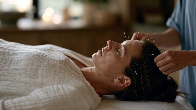 Fertility acupuncturist places needles along conception meridians of patient lying on treatment table, integrative reproductive medicine, IVF support therapy, holistic fertility clinic, ambient warm