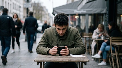 Young man deeply engrossed in his mobile phone at an outdoor cafe, a candid moment capturing digital interaction amidst the dynamic energy of a busy urban street scene