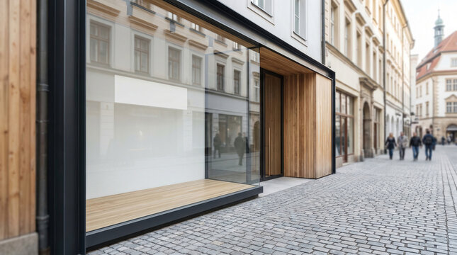 Modern Empty Storefront with Wooden Details on Cobblestone Street