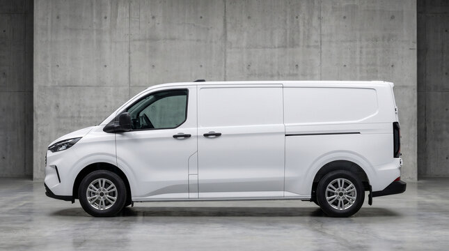 White Delivery Cargo Van Parked Against Concrete Wall